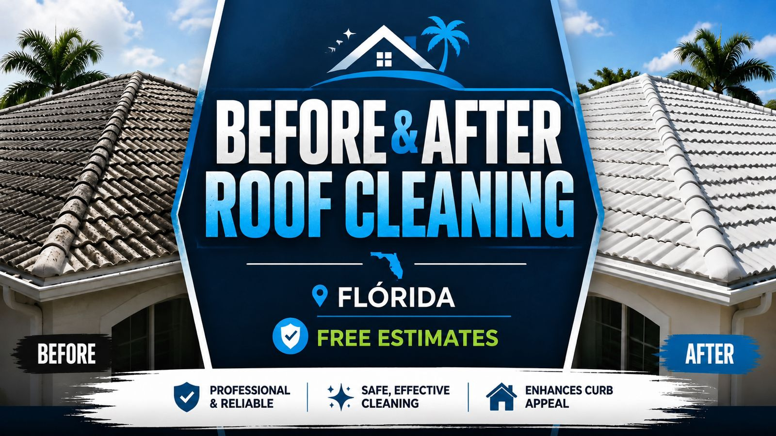 Before and after roof cleaning — Potent Cleaning professional results in Florida